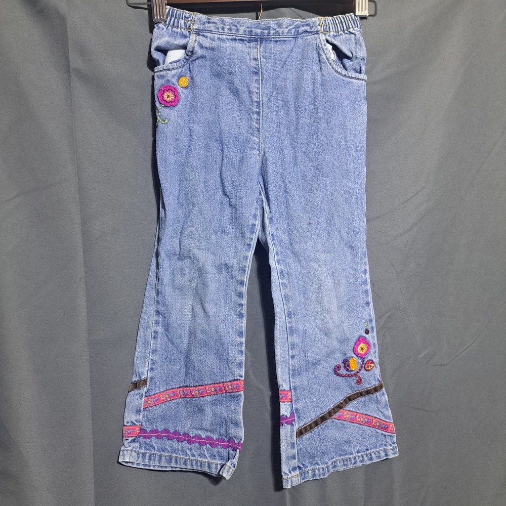Hanna Andersson Sz 100 US 4 Flared Denim‎ Jeans Floral Applique